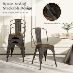 Set of 4 Gunmetal Cafe Dining Chairs, Stackable Metal with Elm Wood Seats and Curved High Backs