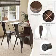 Set of 4 Gunmetal Cafe Dining Chairs, Stackable Metal with Elm Wood Seats and Curved High Backs