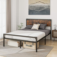Full Size Metal Platform Bed with Rustic Wood Headboard and 20 Inch Footboard