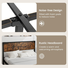 Full Size Metal Platform Bed with Rustic Wood Headboard and 20 Inch Footboard