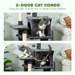Cat Tower, 42" Multi-Level Cat Tree with Padded Plush Perch, Hammock, 2 Door Condos, Scratching Posts, Toy Balls