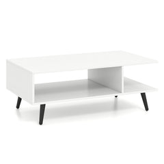 Mid Century Modern Rectangle Coffee Table 2-Tier Accent Table with 2 Open Compartments-White