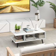 Mid Century Modern Rectangle Coffee Table 2-Tier Accent Table with 2 Open Compartments-White