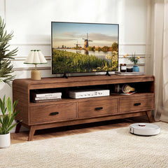Mid Century Modern TV Stand for TVs up to 70 inches with 3 Storage Drawers and Open Shelves-Walnut