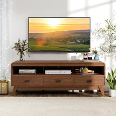 Mid Century Modern TV Stand for TVs up to 70 inches with 3 Storage Drawers and Open Shelves-Walnut
