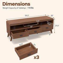 Mid Century Modern TV Stand for TVs up to 70 inches with 3 Storage Drawers and Open Shelves-Walnut