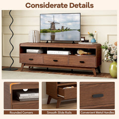 Mid Century Modern TV Stand for TVs up to 70 inches with 3 Storage Drawers and Open Shelves-Walnut