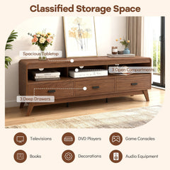 Mid Century Modern TV Stand for TVs up to 70 inches with 3 Storage Drawers and Open Shelves-Walnut