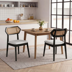 Set of 2 Mid Century Dining Chairs, Black Rubber Wood with Hexagonal Rattan Back and Grey Seat