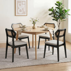 Set of 2 Mid Century Dining Chairs, Black Rubber Wood with Hexagonal Rattan Back and Grey Seat