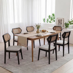Set of 4 Mid Century Dining Chairs, Black Rubber Wood with Hexagonal Rattan Backs and Grey Seats