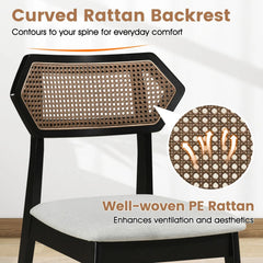 Set of 4 Mid Century Dining Chairs, Black Rubber Wood with Hexagonal Rattan Backs and Grey Seats