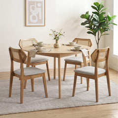 Set of 4 Mid Century Dining Chairs, Natural Rubber Wood with Hexagonal Rattan Backs and Grey Seats