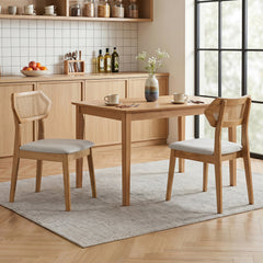 Set of 4 Mid Century Dining Chairs, Natural Rubber Wood with Hexagonal Rattan Backs and Grey Seats