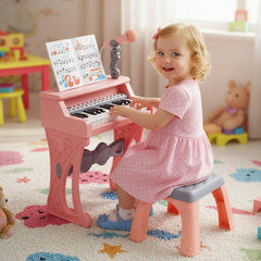 Mini Keyboard Piano for Kids 25 Keys Electric Piano with Stool for Toddlers 3+ Years Old-Pink