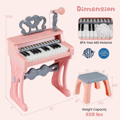 Mini Keyboard Piano for Kids 25 Keys Electric Piano with Stool for Toddlers 3+ Years Old-Pink