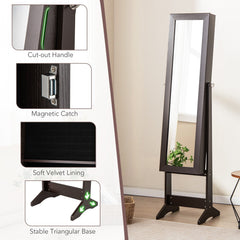 Mirrored Standing Jewelry Cabinet Storage Box-Rustic Brown