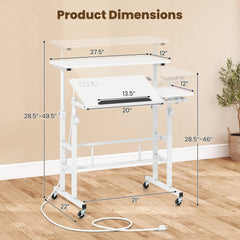Mobile Stand-up Computer Desk Adjustable with 2 Tilting Desktops-White