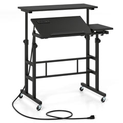 Mobile Stand-up Computer Desk Adjustable with 2 Tilting Desktops-Black