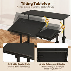 Mobile Stand-up Computer Desk Adjustable with 2 Tilting Desktops-Black