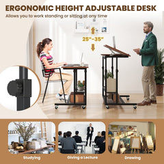 Mobile Stand up Desk Height Adjustable Standing Table with Tilting Tabletop-Rustic Brown