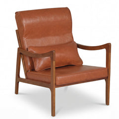 Modern Accent Chair with Solid Rubber Wood Faux Leather Upholstered Armchair-Brown