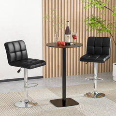 Set of 2 Adjustable Swivel Bar Stools in Black with Quilted Back, 25 to 33.5 Inch Seat