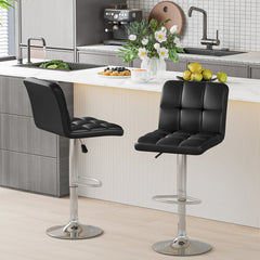 Set of 2 Adjustable Swivel Bar Stools in Black with Quilted Back, 25 to 33.5 Inch Seat
