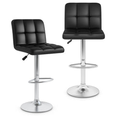 Set of 2 Adjustable Swivel Bar Stools in Black with Quilted Back, 25 to 33.5 Inch Seat