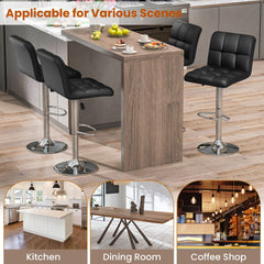 Set of 2 Adjustable Swivel Bar Stools in Black with Quilted Back, 25 to 33.5 Inch Seat