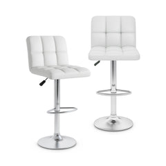Set of 2 Adjustable Swivel Bar Stools in White with Quilted Back, 25 to 33.5 Inch Seat