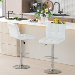 Set of 2 Adjustable Swivel Bar Stools in White with Quilted Back, 25 to 33.5 Inch Seat