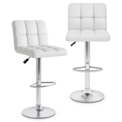 Set of 2 Adjustable Swivel Bar Stools in White with Quilted Back, 25 to 33.5 Inch Seat