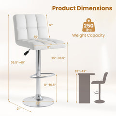 Set of 2 Adjustable Swivel Bar Stools in White with Quilted Back, 25 to 33.5 Inch Seat