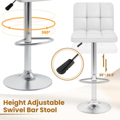 Set of 2 Adjustable Swivel Bar Stools in White with Quilted Back, 25 to 33.5 Inch Seat