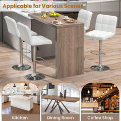 Set of 2 Adjustable Swivel Bar Stools in White with Quilted Back, 25 to 33.5 Inch Seat