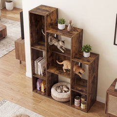 Rustic Brown Cat Bookshelf with Eight Sections and Round Cat Holes