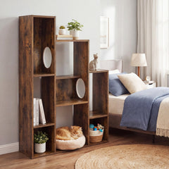 Rustic Brown Cat Bookshelf with Eight Sections and Round Cat Holes