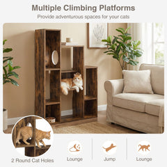 Rustic Brown Cat Bookshelf with Eight Sections and Round Cat Holes