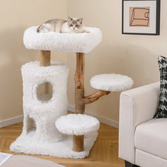 30.5 Inch White Cat Tower with a Two Storey Condo and Pear Wood Posts