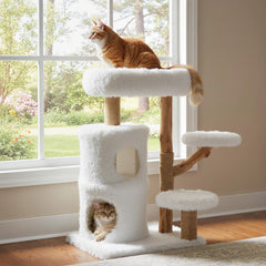 30.5 Inch White Cat Tower with a Two Storey Condo and Pear Wood Posts