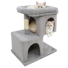 25.5 Inch Grey Cat Tower with Two Caves and an Upholstered Top Perch