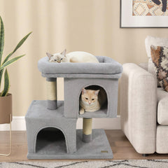 25.5 Inch Grey Cat Tower with Two Caves and an Upholstered Top Perch