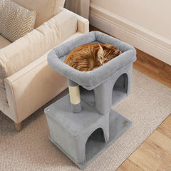 25.5 Inch Grey Cat Tower with Two Caves and an Upholstered Top Perch