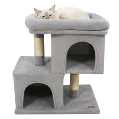 25.5 Inch Grey Cat Tower with Two Caves and an Upholstered Top Perch