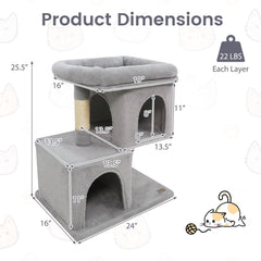 25.5 Inch Grey Cat Tower with Two Caves and an Upholstered Top Perch