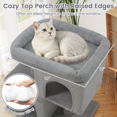 25.5 Inch Grey Cat Tower with Two Caves and an Upholstered Top Perch