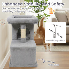 25.5 Inch Grey Cat Tower with Two Caves and an Upholstered Top Perch