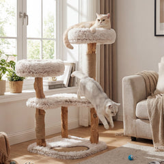 40 Inch Cat Tree on Real Wood Branch Posts with Two Round Plush Beds