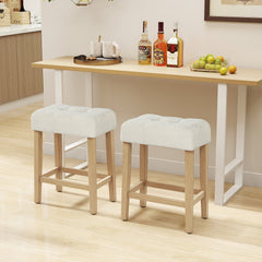 Set of 2 Backless Saddle Counter Stools with Sherpa Seats and Natural Wood Legs, 24 Inch
